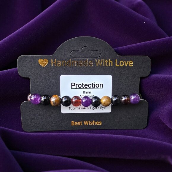 Handmade ✦ 8mm Bracelet ✦ Amethyst Tiger’s Eye Black Tourmaline Citrine Obsidian - Picture 1 of 6
